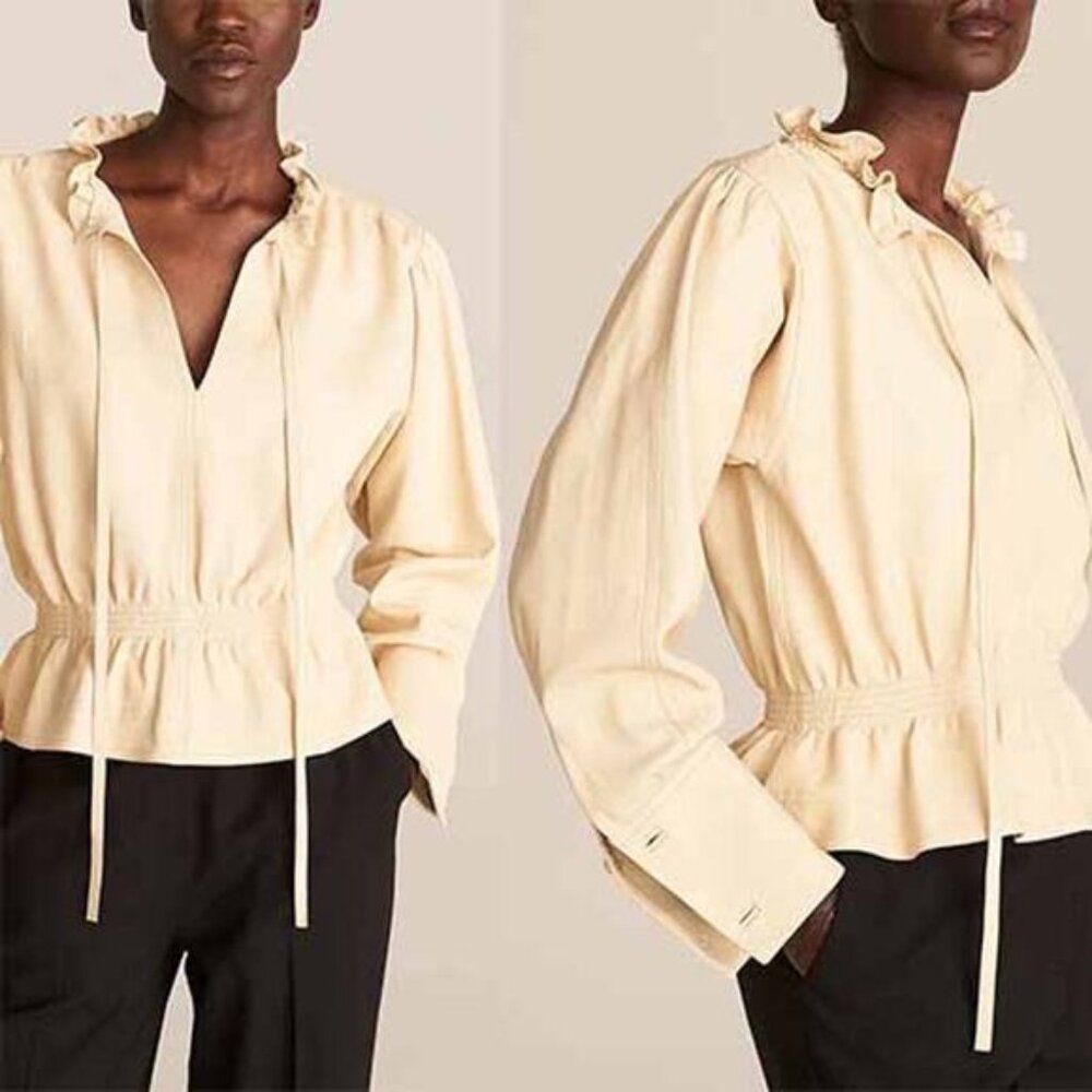 NEW Rebecca Taylor Long Sleeve Straw Smocked Waist Leather Blouse Top Cream